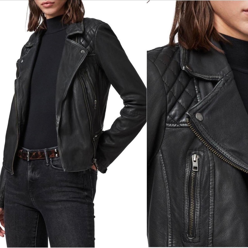 All Saints Cargo Leather Biker Jacket, black/ grey size 6!